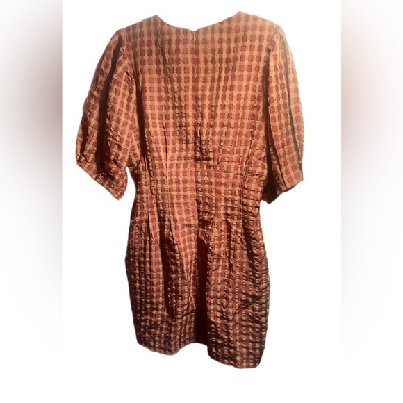 En Saison puff sleeve check polyester check brown trendy style mini dress - Picture 3 of 5